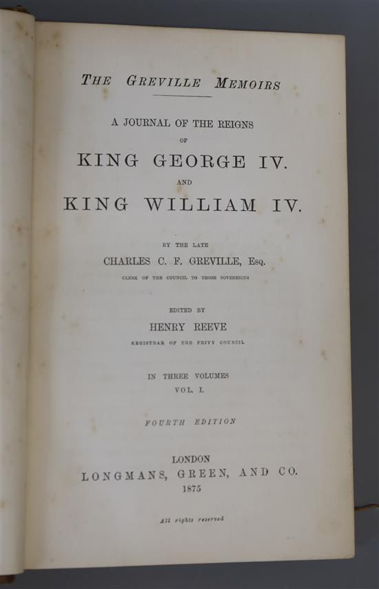 Greville, Charles C.F. - The Greville Memoirs, 4th edition, 3 vols, 8vo, half calf, Longmans, Green and Co., London 1875